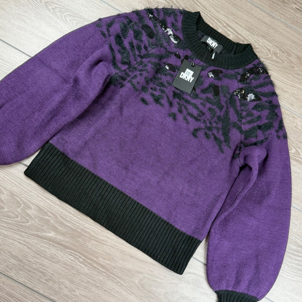 DKNY Women Sweater Sequin Animal Print Blackberry Purple S